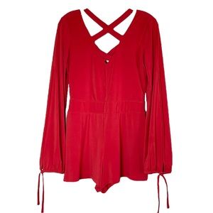 Guess Rouge Lipstick Romper Open Sleeve Neck Ties Red S